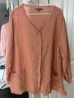 FLAX 100% Linen Button Front Top Size 1G Generous Fit Pink Made in Lithuania